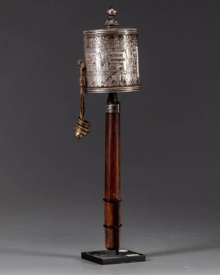 A MONGOLIAN SILVER PRAYER WHEEL, 19TH CENTURY