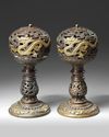 A CHINESE PAIR OF PARCEL GILT BRONZE 'DRAGON' CENSERS,