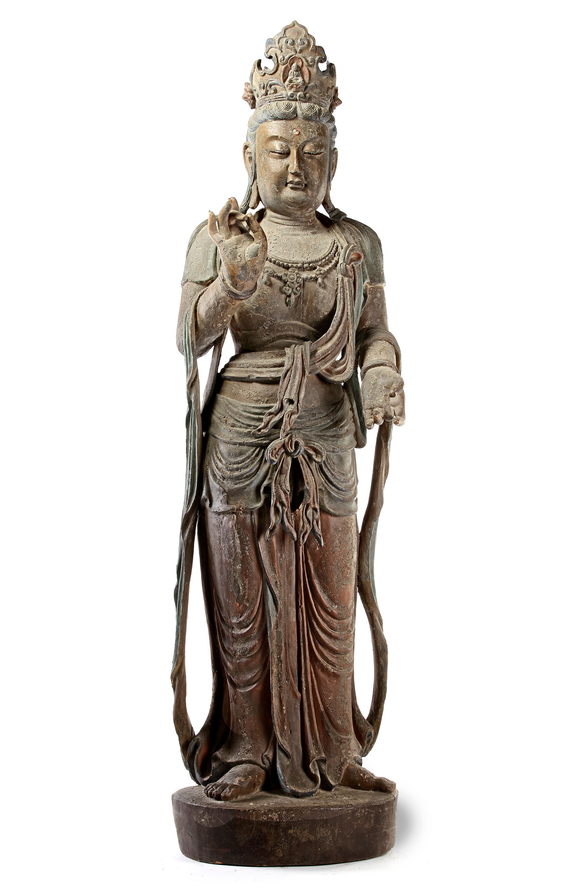 A CHINESE STANDING POLYCHROME WOOD FIGURE OF GUANYIN, LATE MING
