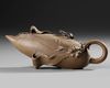 A CHINESE YIXING POTTERY TEAPOT  IN THE FORM OF A CORN COB, SURMOUNTED BY A MOUSE, 20TH CENTURY
