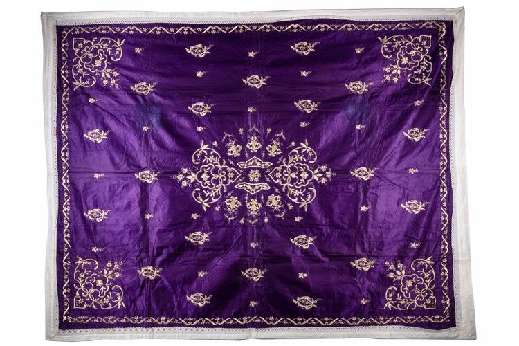 AN OTTOMAN SILVER EMBROIDERED PURPLE SILK BEDSHEET, TURKEY, EARLY 20TH CENTURY