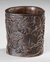A CHINESE CARVED ZITAN WOOD BRUSH POT, 17TH-18TH CENTURY