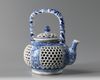 A Chinese blue and white double wall reticulated teapot