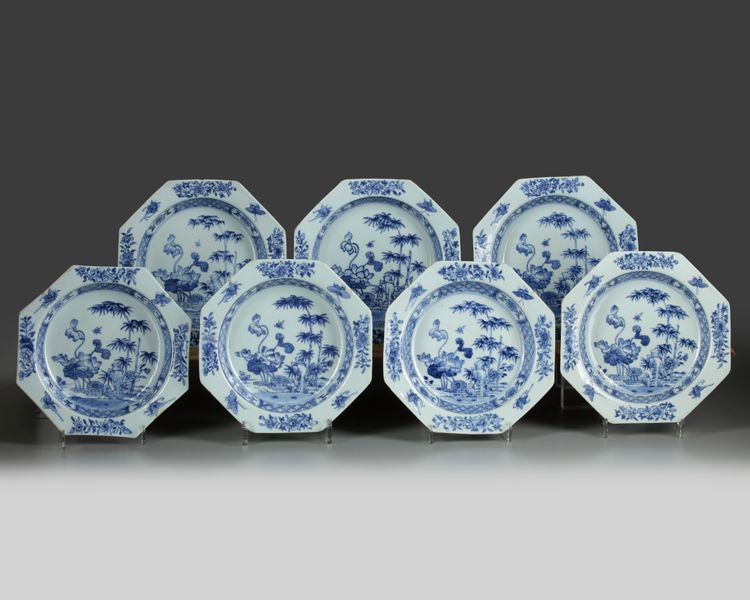 A set of seven Chinese blue and white octagonal dishes