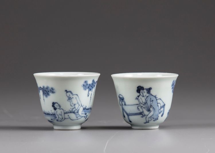 A pair of Chinese blue and white 'erotic' cups