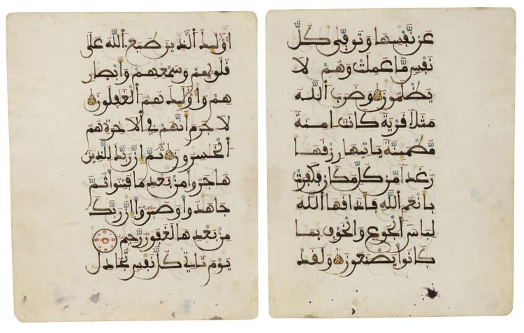 TWO QURAN FOLIA IN MAGHRIBI SCRIPT, NORTH AFRICA OR ANDALUSIA, 13TH-14TH CENTURY