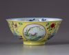 A Chinese famille rose yellow-ground sgraffiato 'Three Rams' medallion bowl