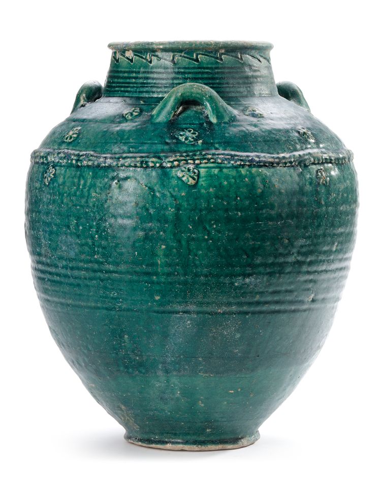 A LARGE POST SASSANIAN TURQUOISE GLAZED POTTERY STORAGE JAR, PERSIA, 6TH-8TH CENTURY