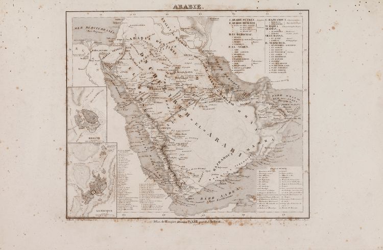 A RARE NON COLORED PRINTED FRENCH MAP OF THE ARABIC WORLD DURING THE OTTOMAN EMPIRE (ARABIA PENINSULA) BY J.J. HELLERT, DATED 1850