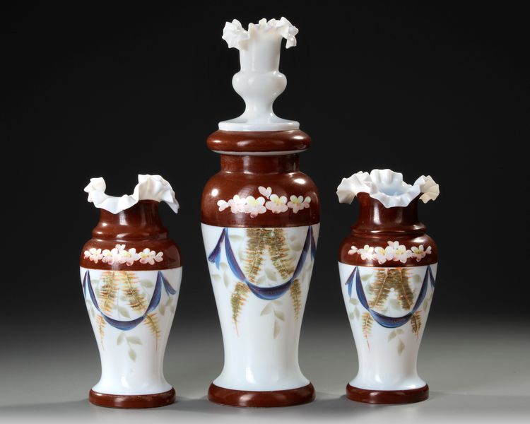 A SET OF THREE FRENCH OPALINE VASES, 19TH CENTURY