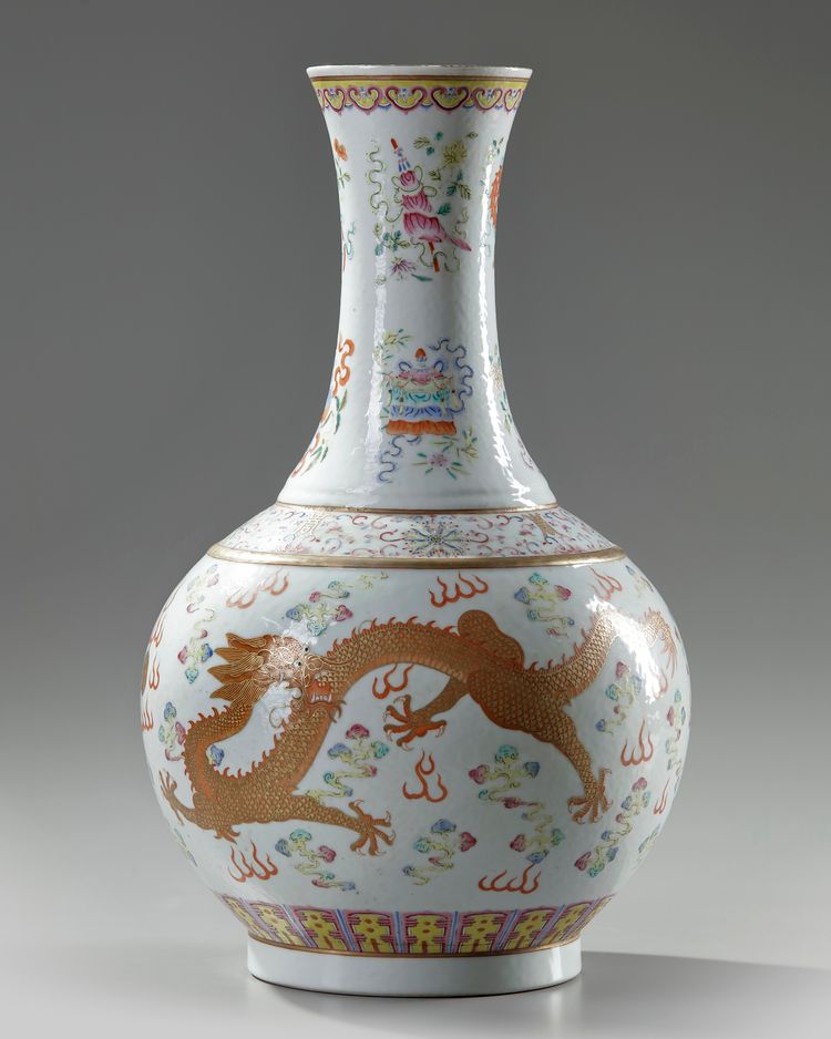 A Chinese famille rose 'dragon' bottle vase