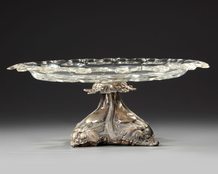 A LARGE FRENCH HAND CARVED CRYSTAL ON A SILVER FOOT, EARLY 19TH CENTURY
