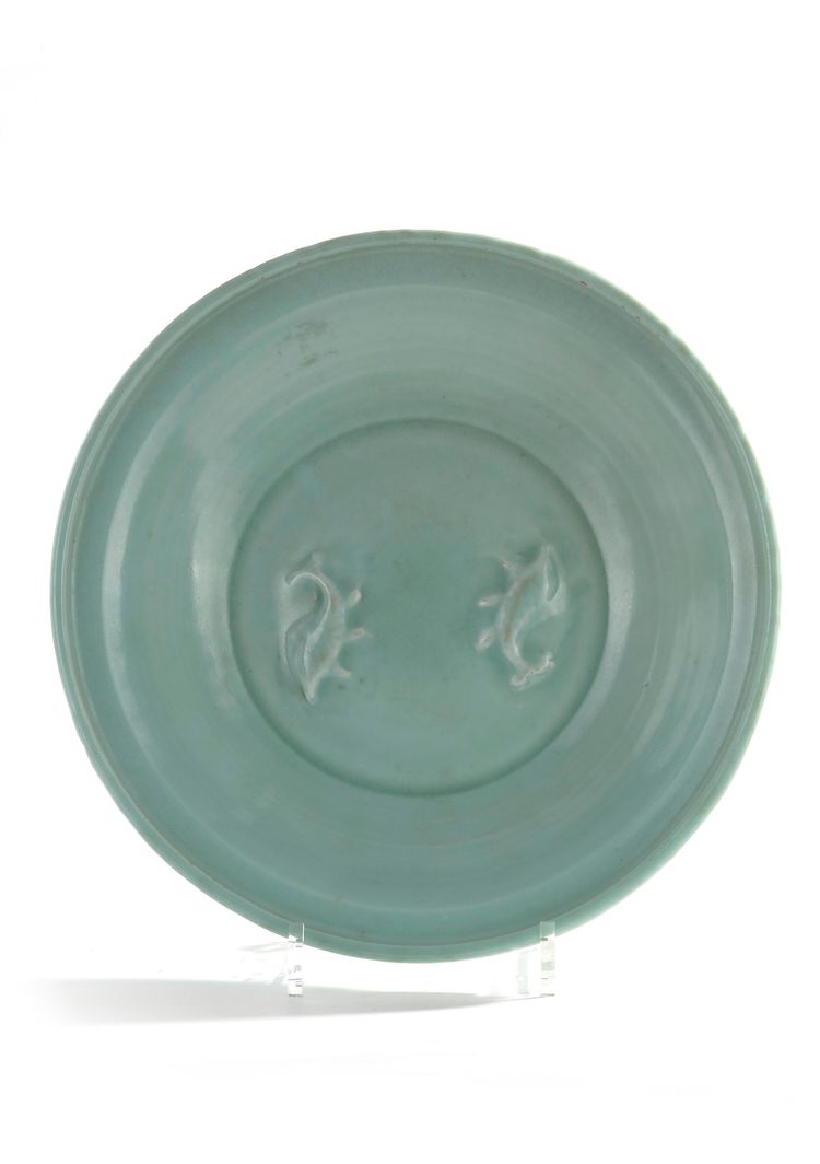 A Chinese moulded Longquan celadon 'twin fish' dish