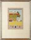 AN INDIAN MINIATURE PAINTING OF COURTLY LADIES RECEIVING A MALE COURTIER ON A TERRACE