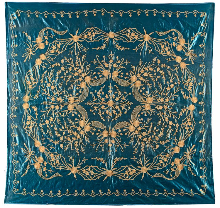 AN OTTOMAN EMBROIDERED NAVY BLUE TABLECLOTH, 19TH CENTURY