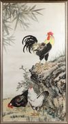A CHINESE COCKEREL AND CHICKENS PAINTING, 20TH CENTURY