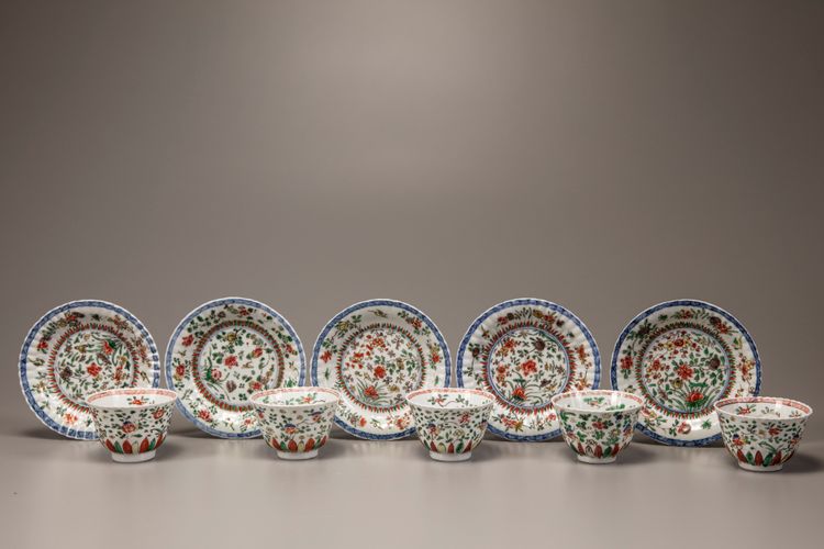 Five sets of famille verte cups and saucers