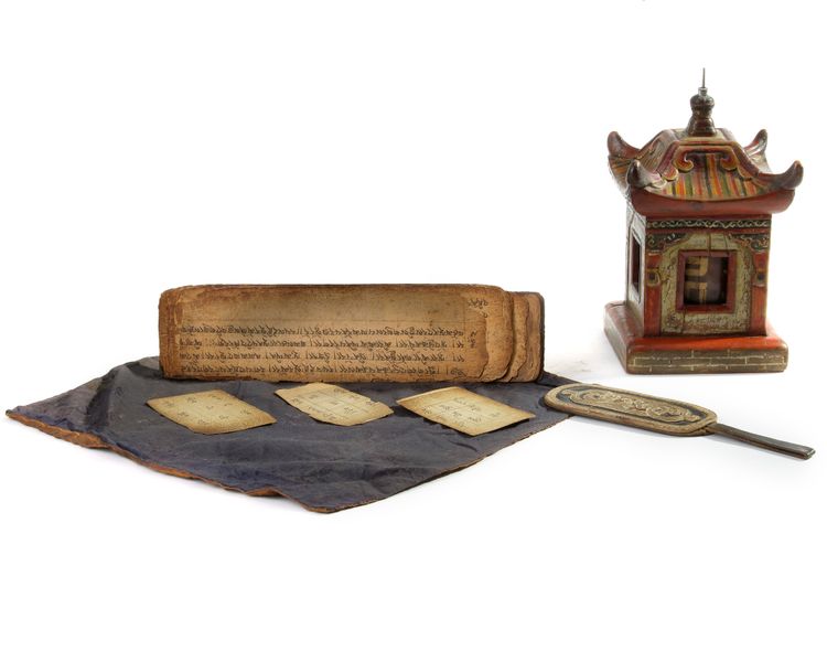 A SMALL MONGOLIAN LEATHER BAG, THREE MANUSCRIPTS SECTIONS AND A WOODEN PRAYER WHEEL, 19TH-20TH CENTURY
