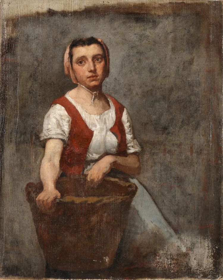 FRENCH SCHOOL, 19TH CENTURY, A MAIDEN CARRYING A BASKET, OIL ON CANVAS ON PANEL