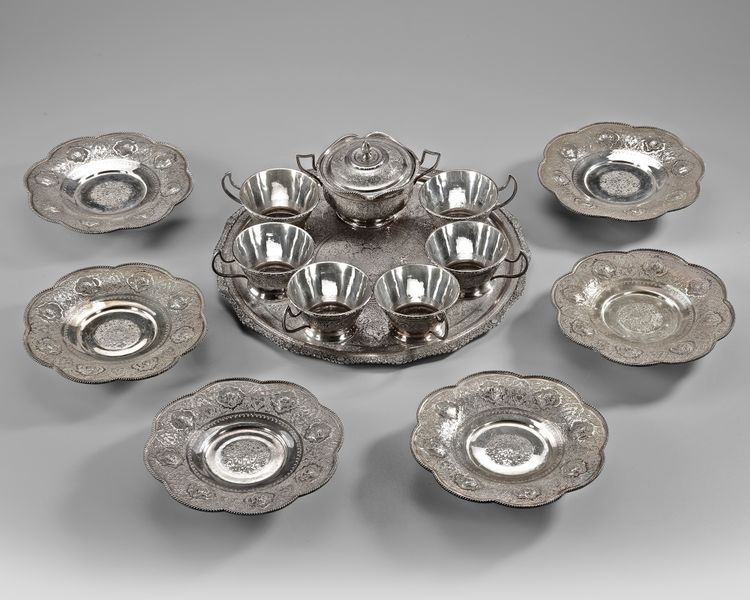 A PERSIAN SILVER TEN-PIECE TEASET, 20TH CENTURY