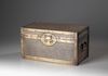 A Chinese woven brass and lacquer-decorated rectangular chest