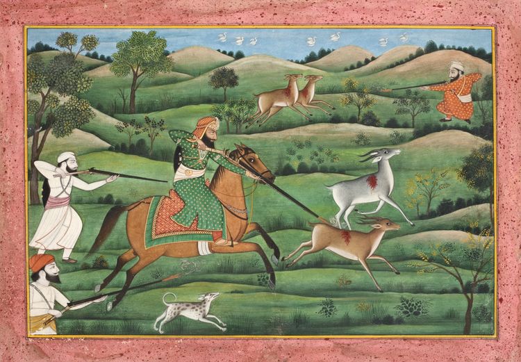 NARINDER SINGH, MAHARAJA OF PATIALA HUNTING DEER KANGRA SCHOOL, INDIA,19TH CENTURY