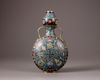A Chinese cloisonne enamel turquoise-ground 'Eight Buddhist Emblems' moonflask