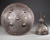 A QAJAR KULAH KHUD HELMET AND SEPAR SHIELD, PERSIA, 19TH CENTURY