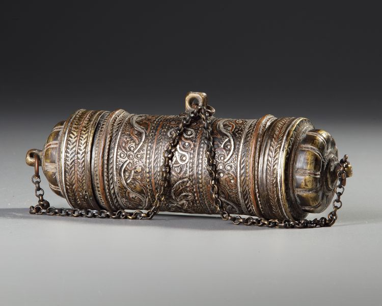 A SILVER AND COPPER INLAID SCROLL HOLDER, PERSIA, 19TH CENTURY