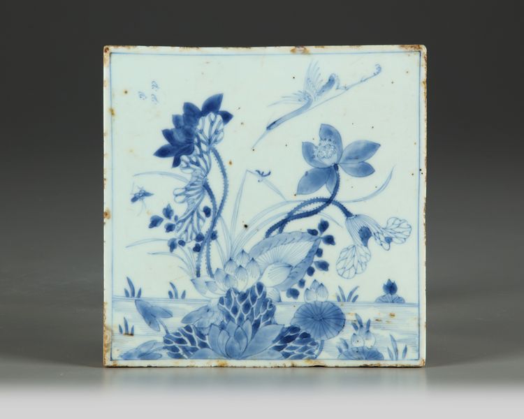 A Chinese blue and white square 'lotus and crane' tile