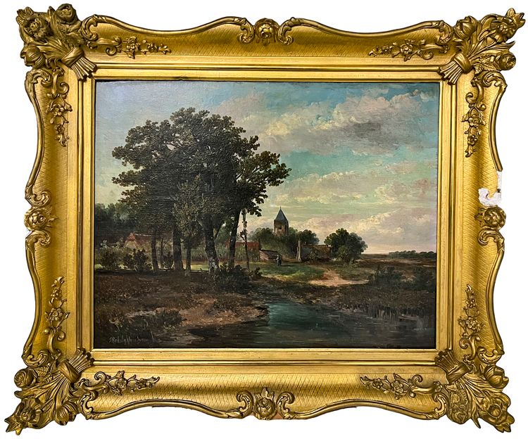 HERMANUS JAN HENDRIK RIJKELIJKHUIJSEN (1813-1883), A LANDSCAPE WITH A CHURCH, OIL ON PANEL