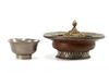 A MONGOLIAN SECOND-GRADE SILVER TEA BOWL AND PARCEL GILT SILVER COVER AND A WHITE METAL-MOUNTED WOODEN STEM DISH, 19TH CENTURY