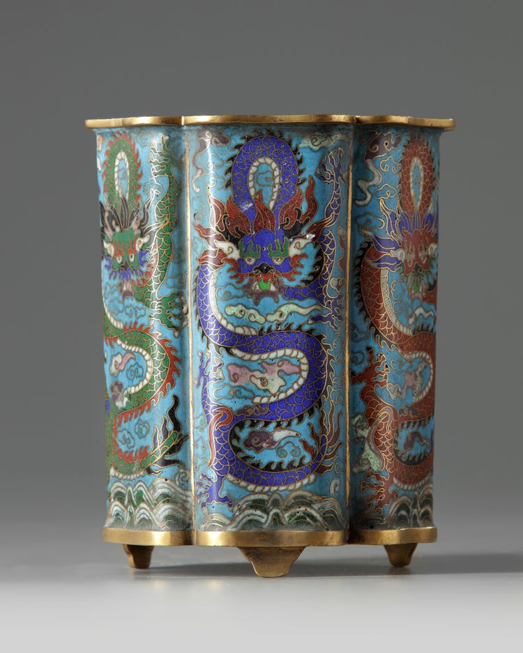 A Chinese cloisonné enamel 'dragon' foliate brush pot, bitong
