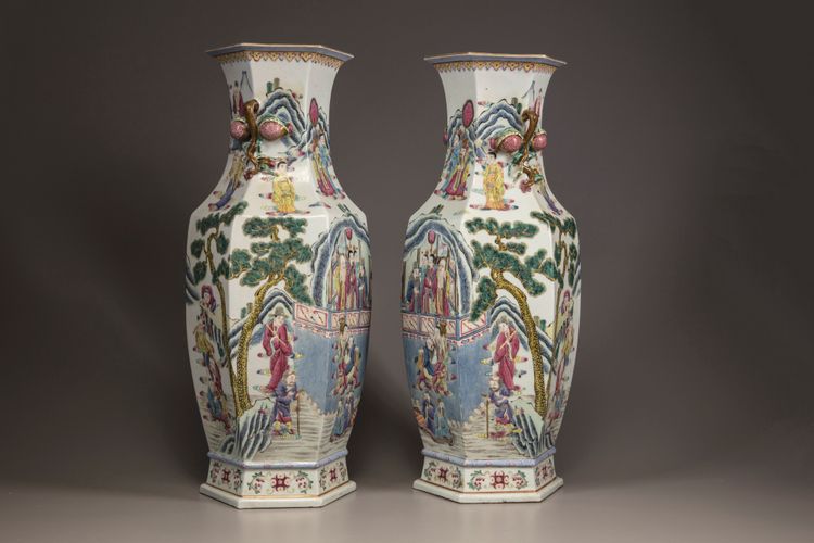 A pair of hexagonal famille rose vases