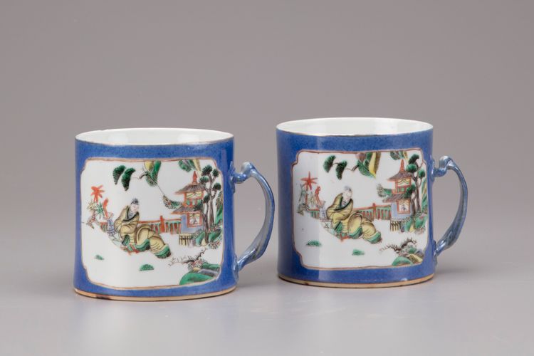 A pair of Chinese powder-blue and famille verte mugs