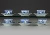 SIX CHINESE BLUE AND WHITE 'CUCKOO IN THE HOUSE' CUPS AND SAUCERS, 18TH CENTURY