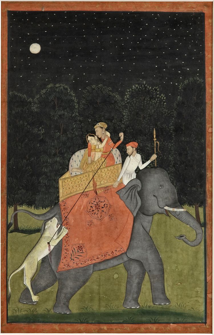 A PRINCE WITH HIS CONSORT HUNTING A LION, NORTH INDIA, 19TH CENTURY