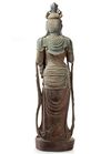 A CHINESE STANDING POLYCHROME WOOD FIGURE OF GUANYIN, LATE MING DYNASTY