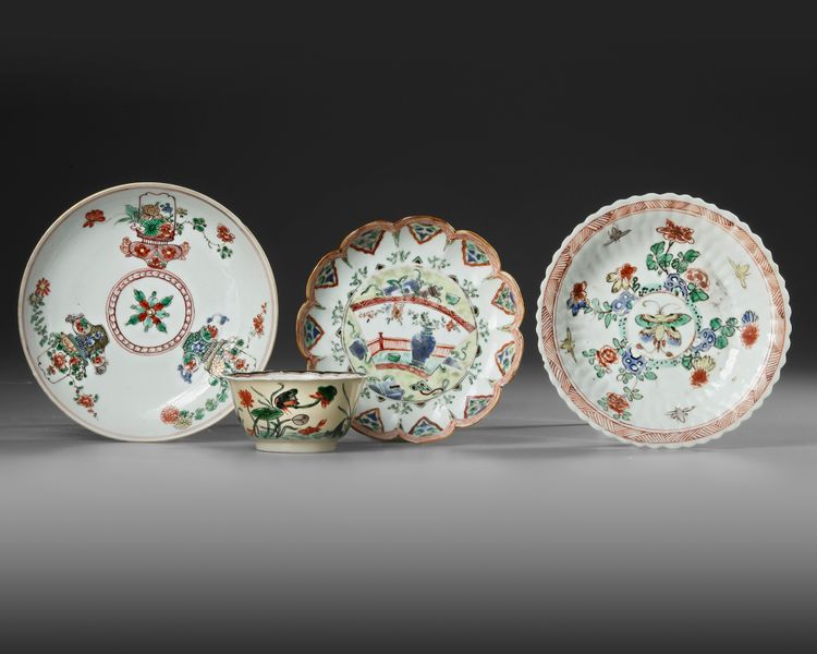 A CHINESE FAMILLE VERTE CUP AND THREE SAUCERS, KANGXI PERIOD