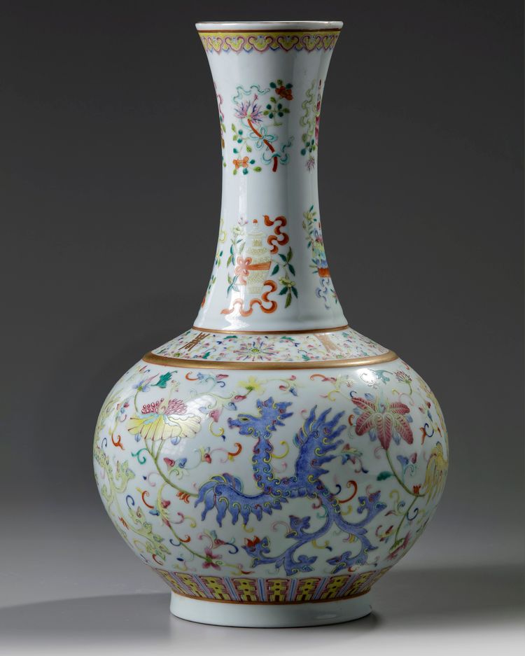 A Chinese famille rose 'phoenix' bottle vase