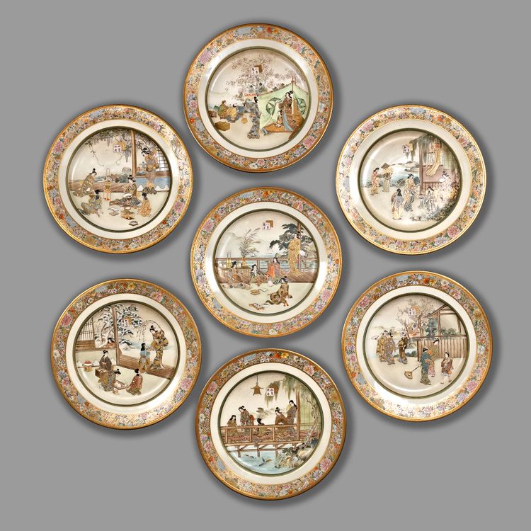 A SET OF SEVEN SATSUMA PLATES, THE KINKOZAN WORKSHOP, MEIJI PERIOD