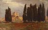 A painting depicting a landscape with cypresses, in the background a castle