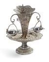 AN OTTOMAN SILVER VASE WITH THREE HANGING CUPS, 19TH CENTURY