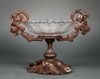 A FRENCH CRYSTAL BOWL AND CARVED WOODEN BASE, ART NOUVEAU STYLE