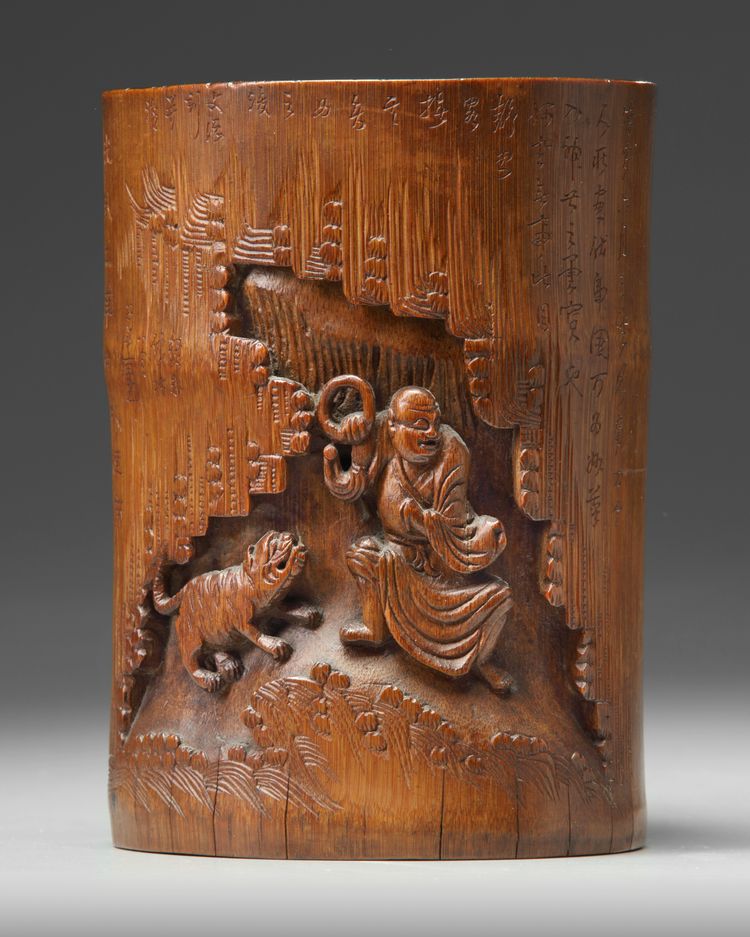 A Chinese carved bamboo 'Luohan' brush pot, bitong