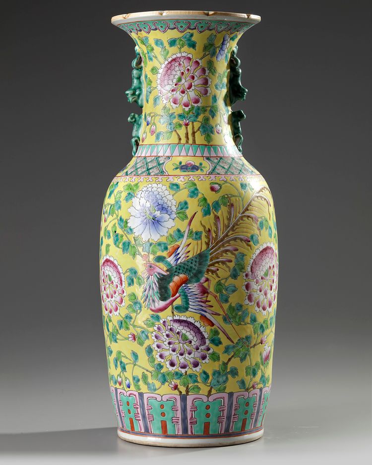 A Chinese yellow-ground famille rose 'phoenix and peony' vase