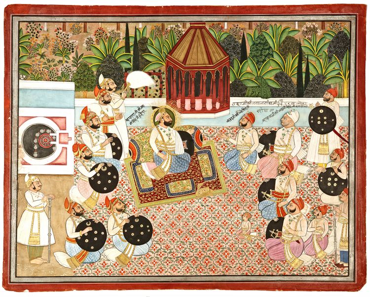 MAHARANA JAWAN SINGH OF MEWAR (R.1828-38) RECEIVING HIS NOBLEMEN UDAIPUR, NORTH WEST INDIA, CIRCA 1835