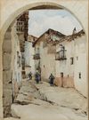 ISIDORE VAN MENS (1890-1985), A STREET IN MORELLA, SPAIN, WATERCOLOUR ON PAPER