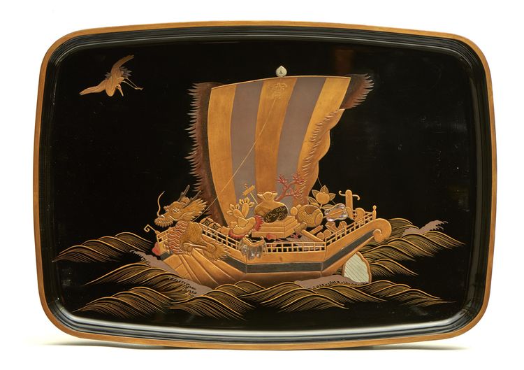 Black lacquered hirobuta-tray decorated with a dragon boat