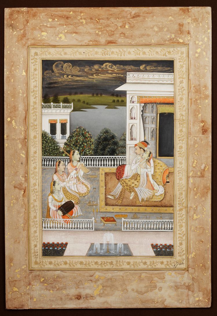 A PRINCE ENTERTAINING HIS MISTRESS WITH MUSICIANS ON A TERRACE, INDIA, 19TH CENTURY